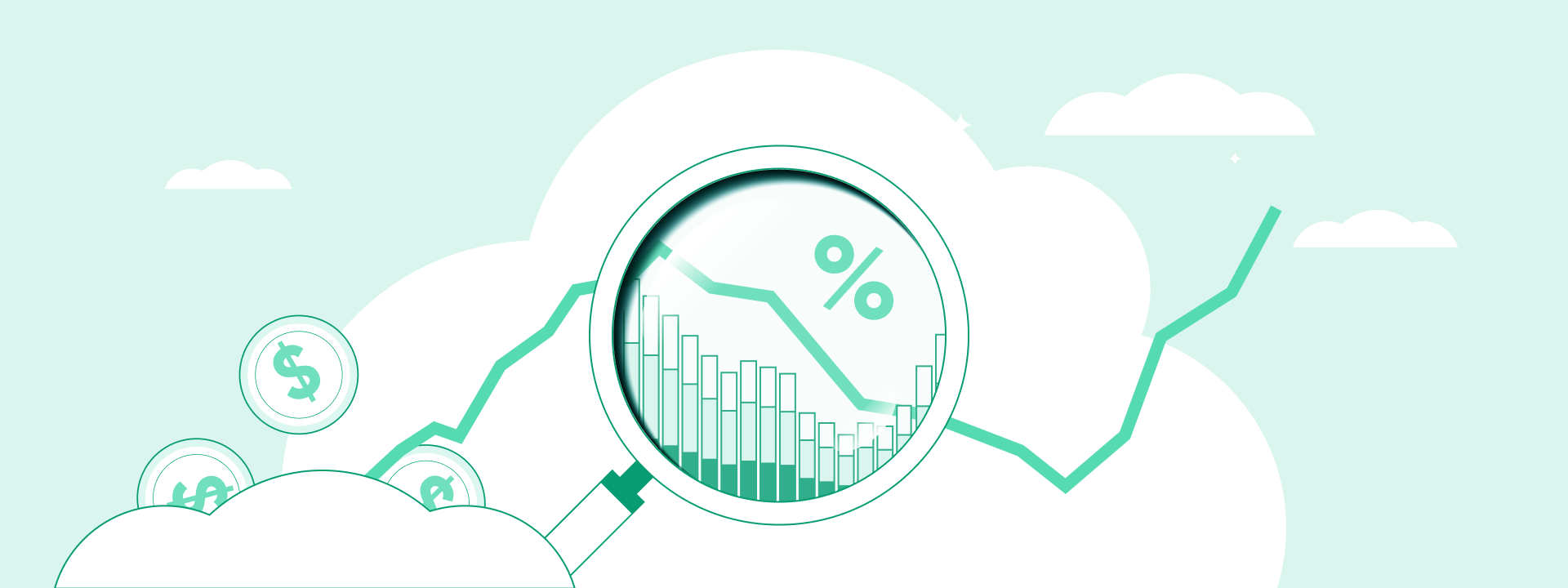 Magnifying glass over economic charts with currency symbols, percentage sign and rising market line.