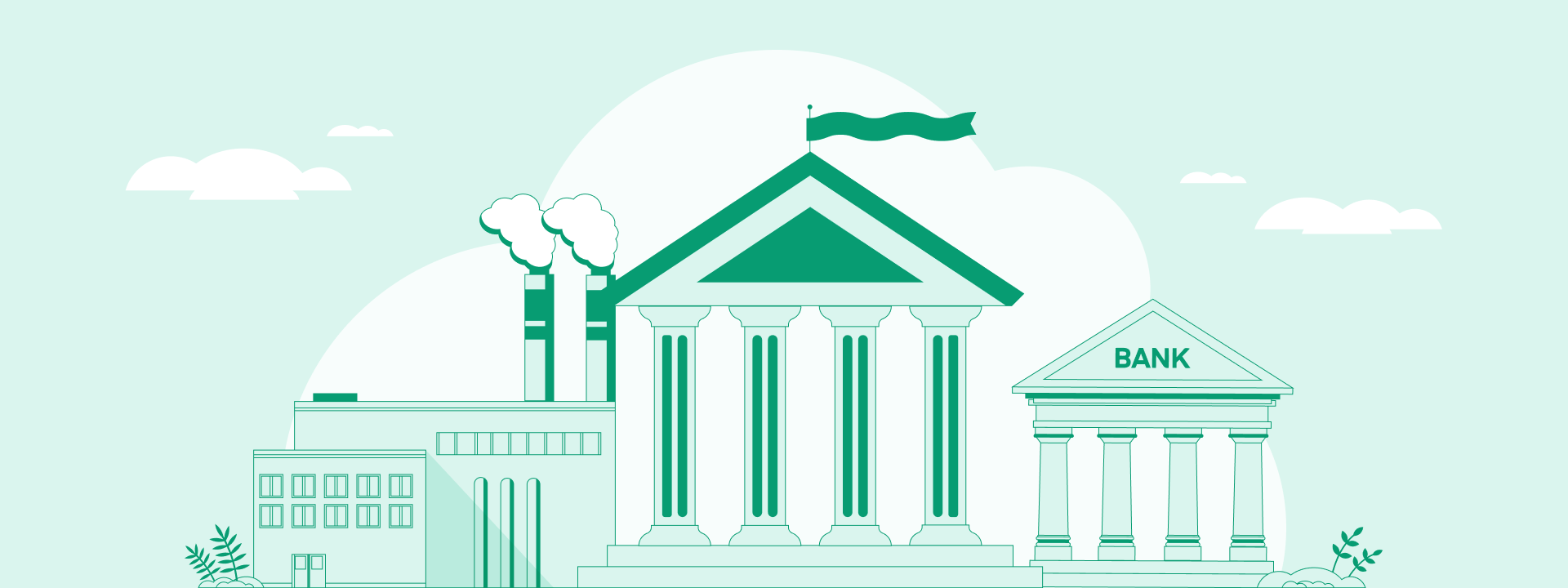Green graphic showing a government building between a factory and bank with clouds in the background.