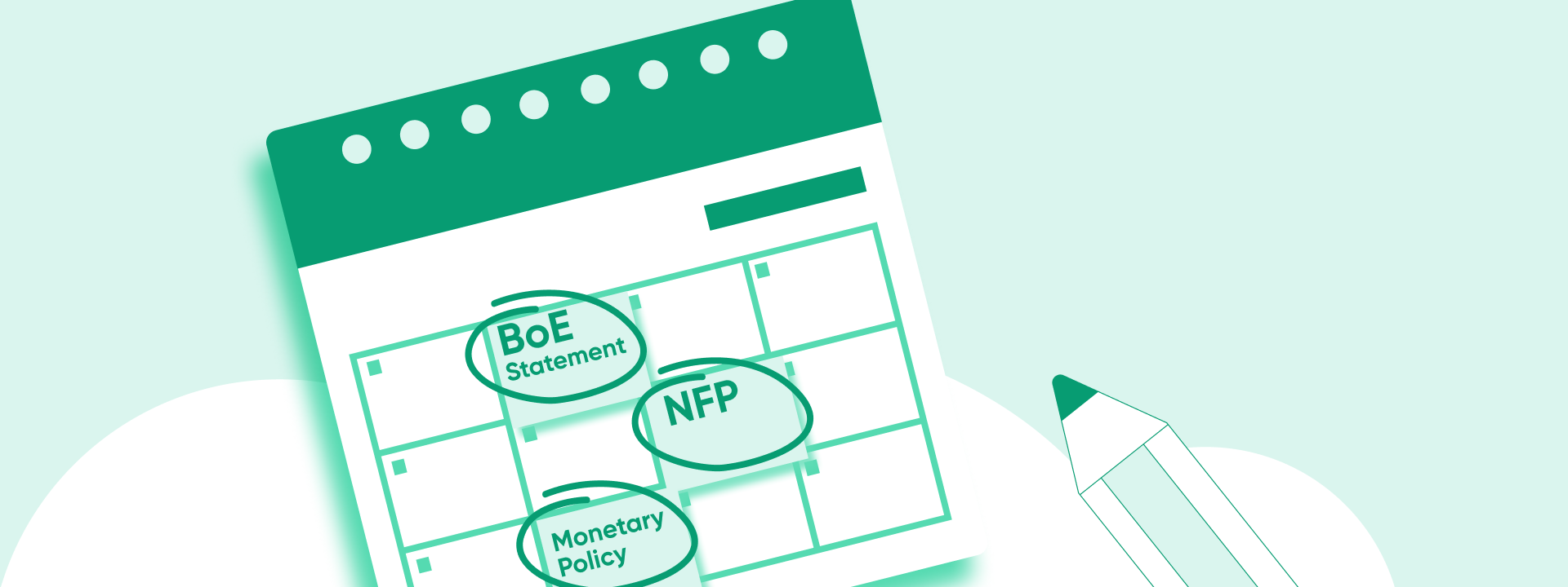 Green economic calendar showing BoE statement, NFP and monetary policy notes beside a pencil.
